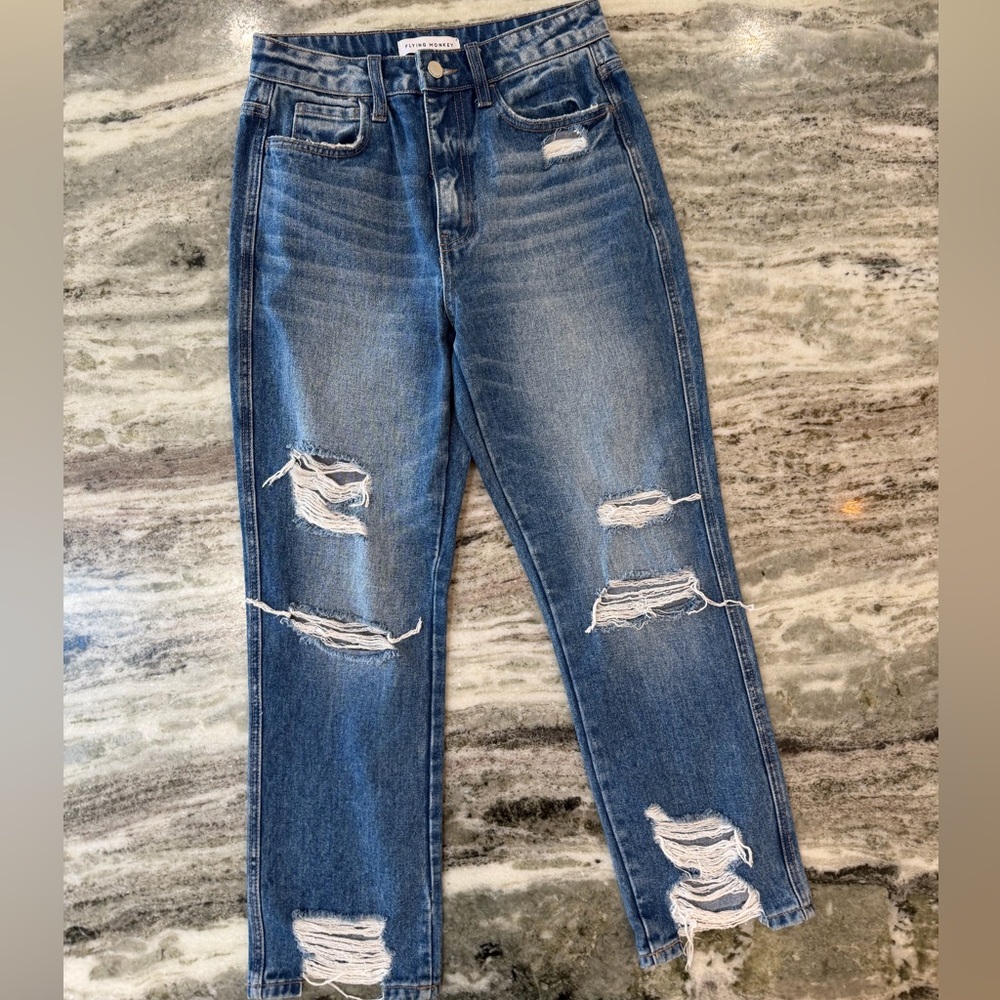 Flying Monkey Distressed Ultra High-Rise Straight Leg Jeans in Blue